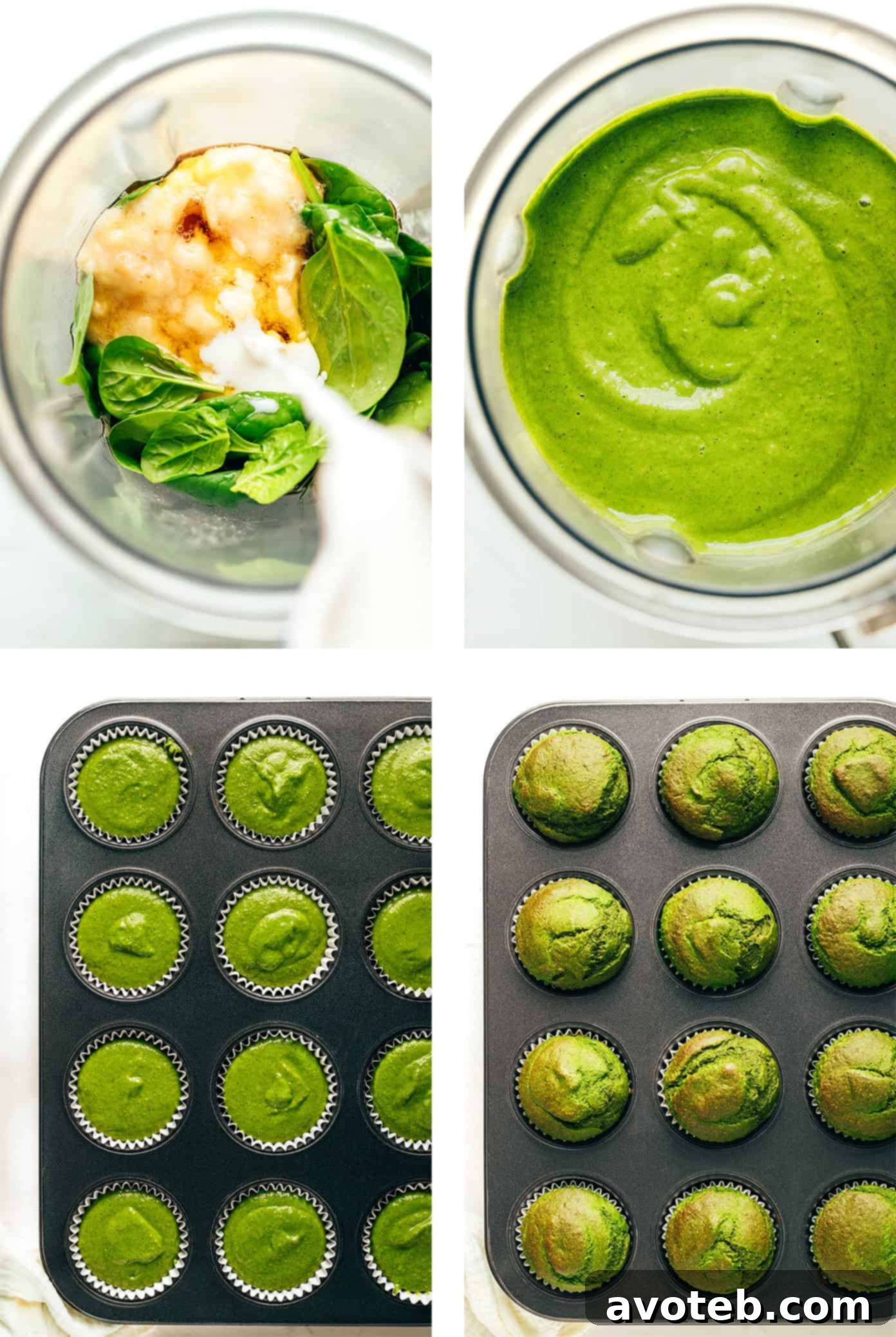 Step-by-step photos showing how to make banana muffins in a blender