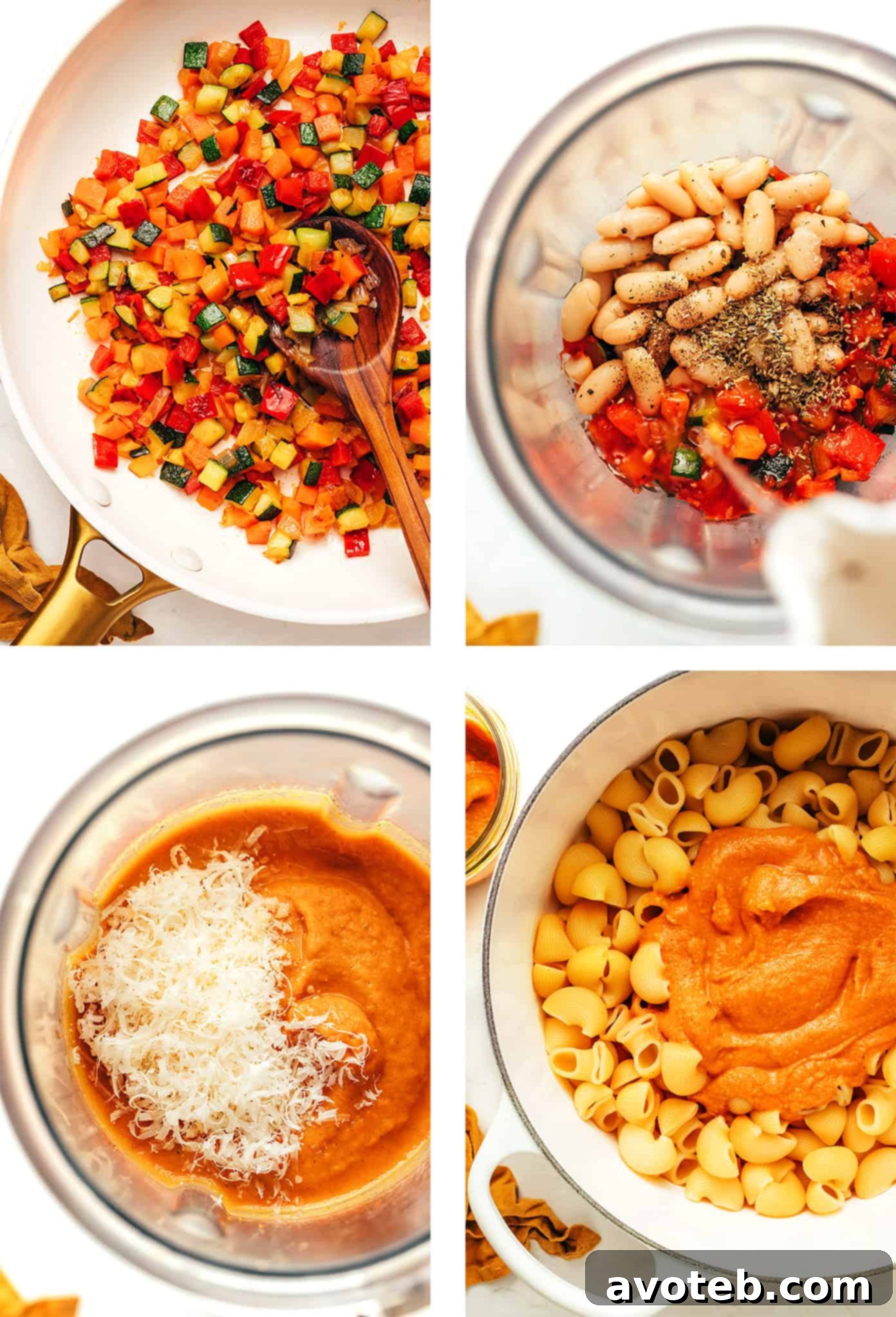 A cutting board with various fresh ingredients for the marinara sauce, including diced carrots, bell peppers, zucchini, onions, and garlic cloves.