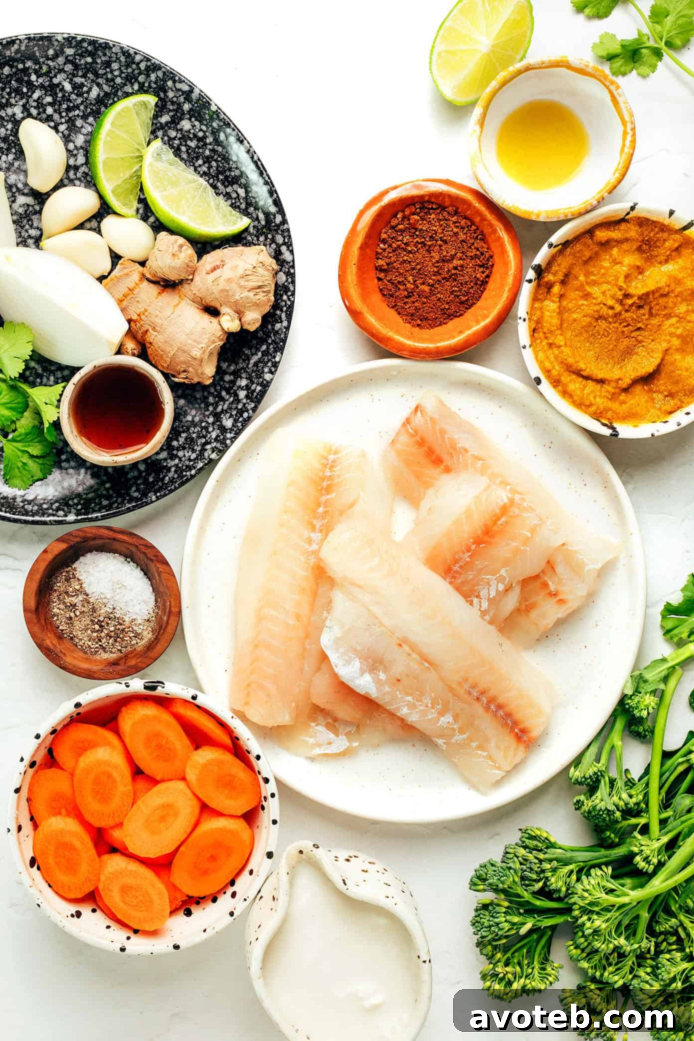 Ingredients for a Thai fish curry laid out