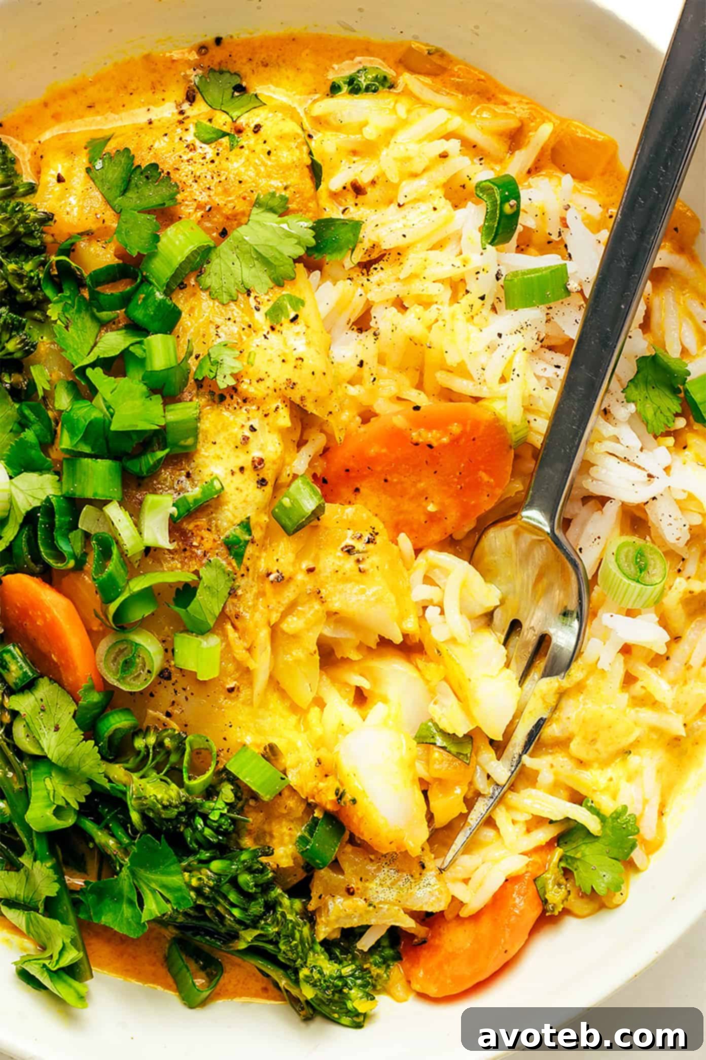 Close-up of Thai Fish Curry in a bowl with rice