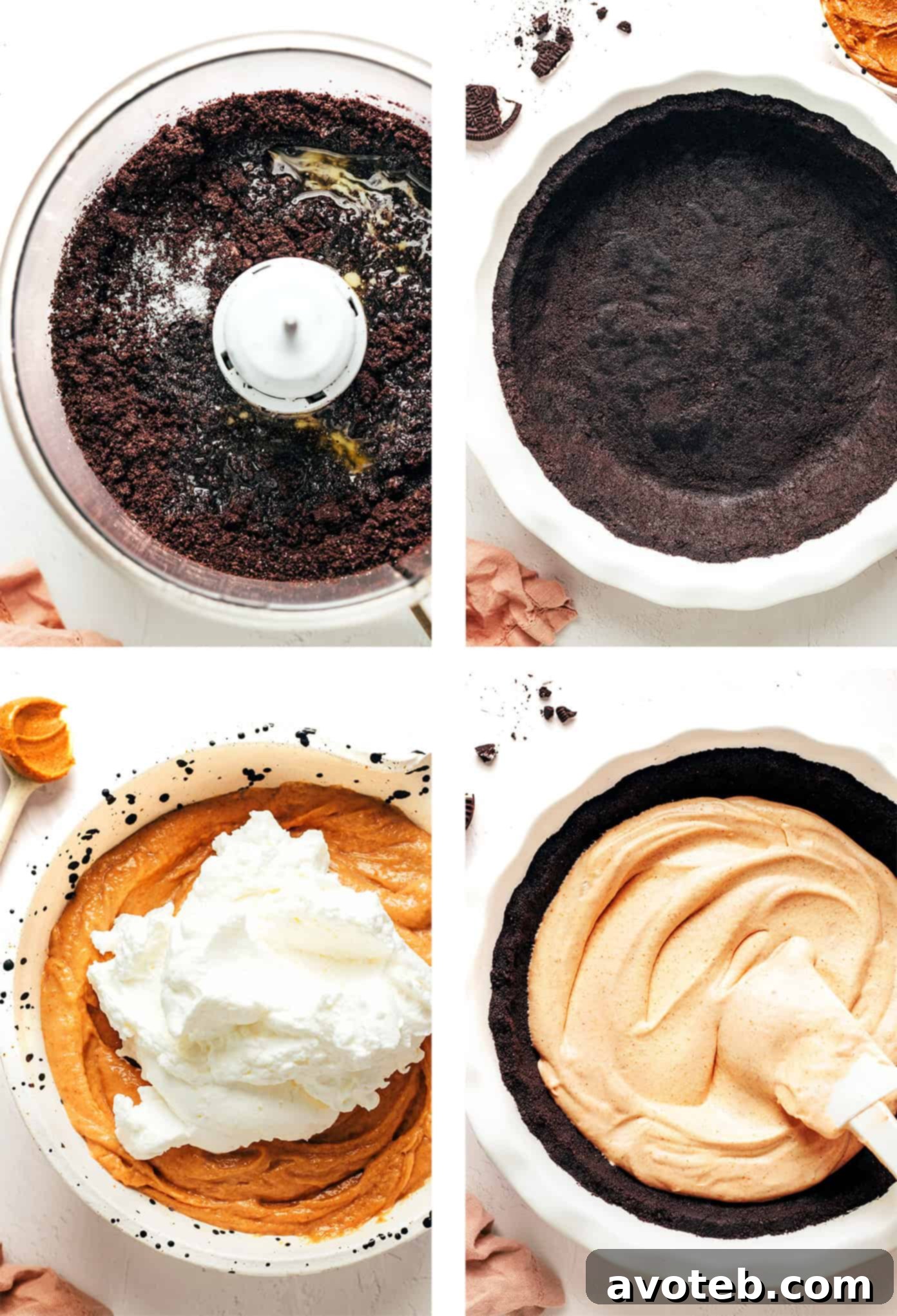 Decadent Peanut Butter Dream Pie 4 Sequential photos demonstrating the preparation steps for the no-bake peanut butter pie, from crushing Oreos for the crust to mixing the light, fluffy peanut butter filling.
