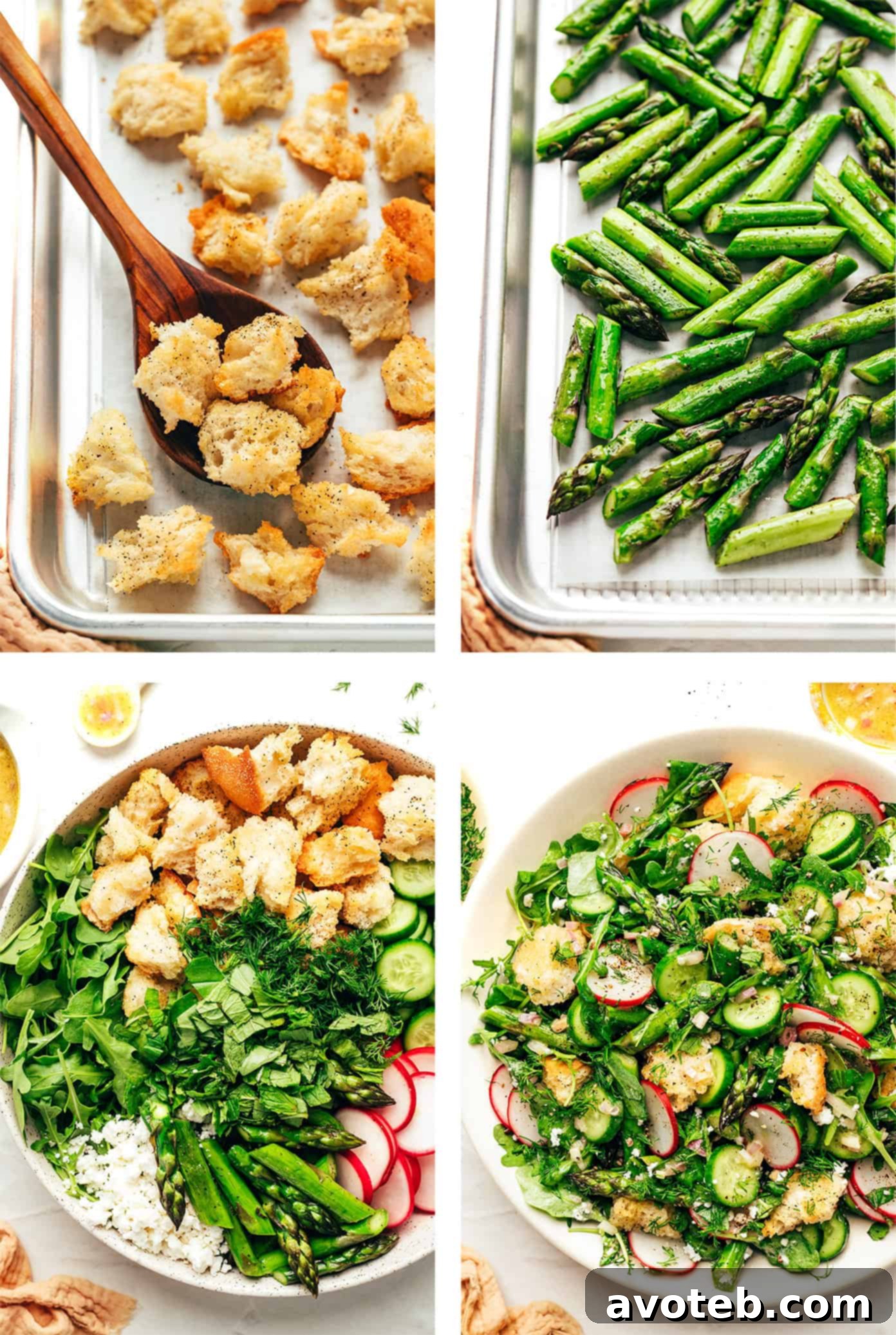 Step-by-step instructions for making Spring Panzanella Salad with roasted asparagus and sourdough croutons
