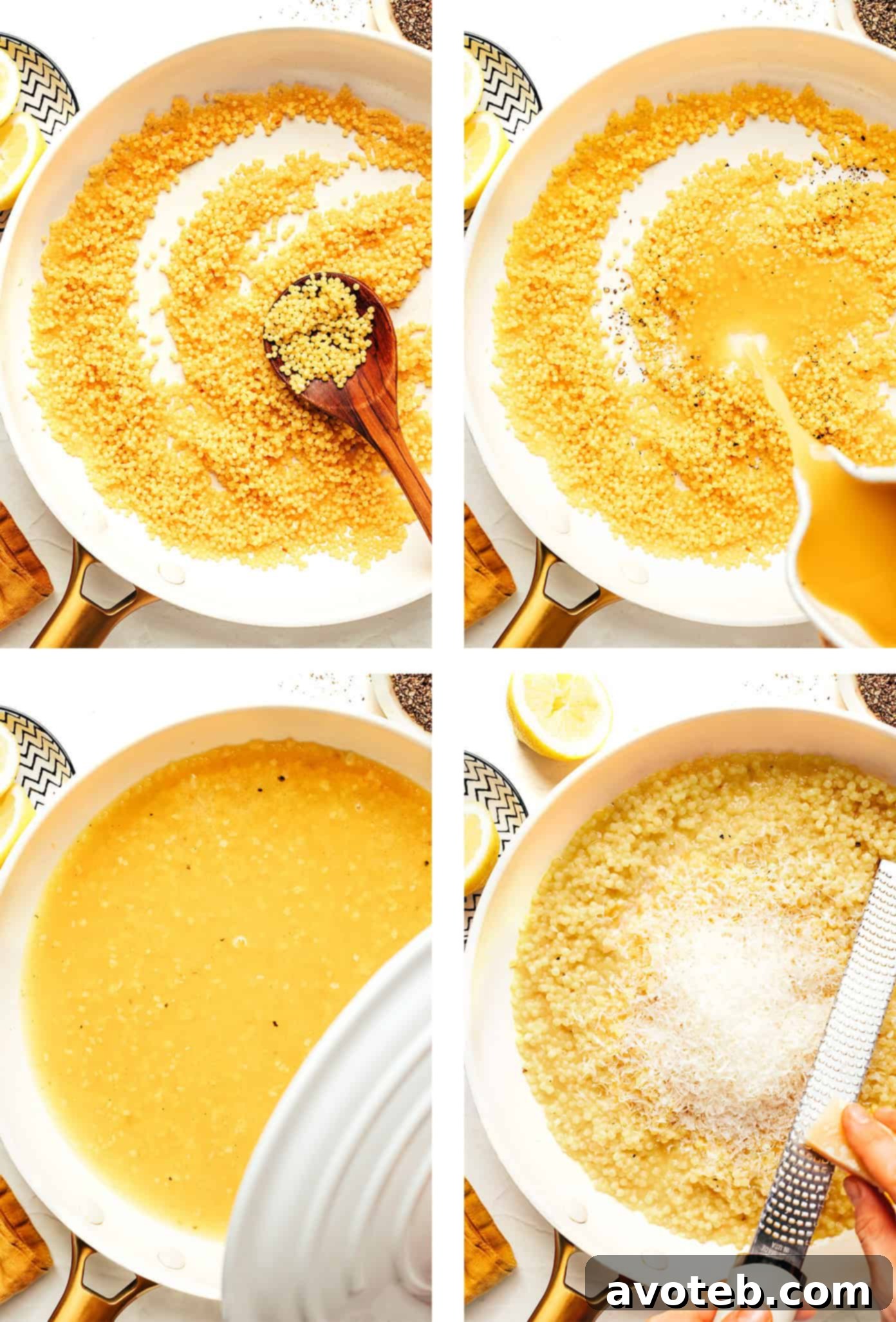 Step-by-step photos illustrating the cooking process of pearl couscous in a pan.