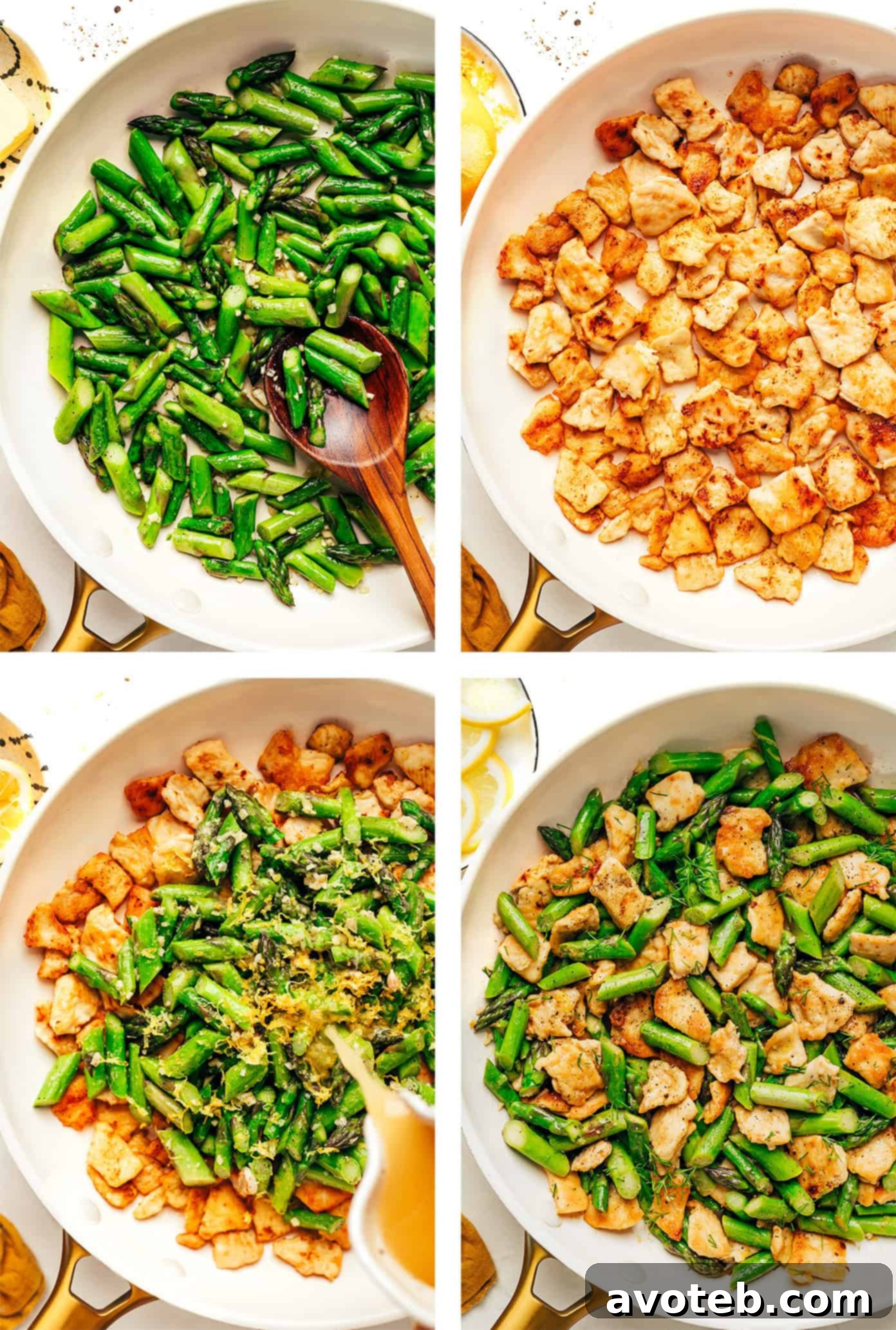 Ingredients for lemon pepper chicken stir-fry laid out on a cutting board, including chicken, asparagus, lemons, and herbs.