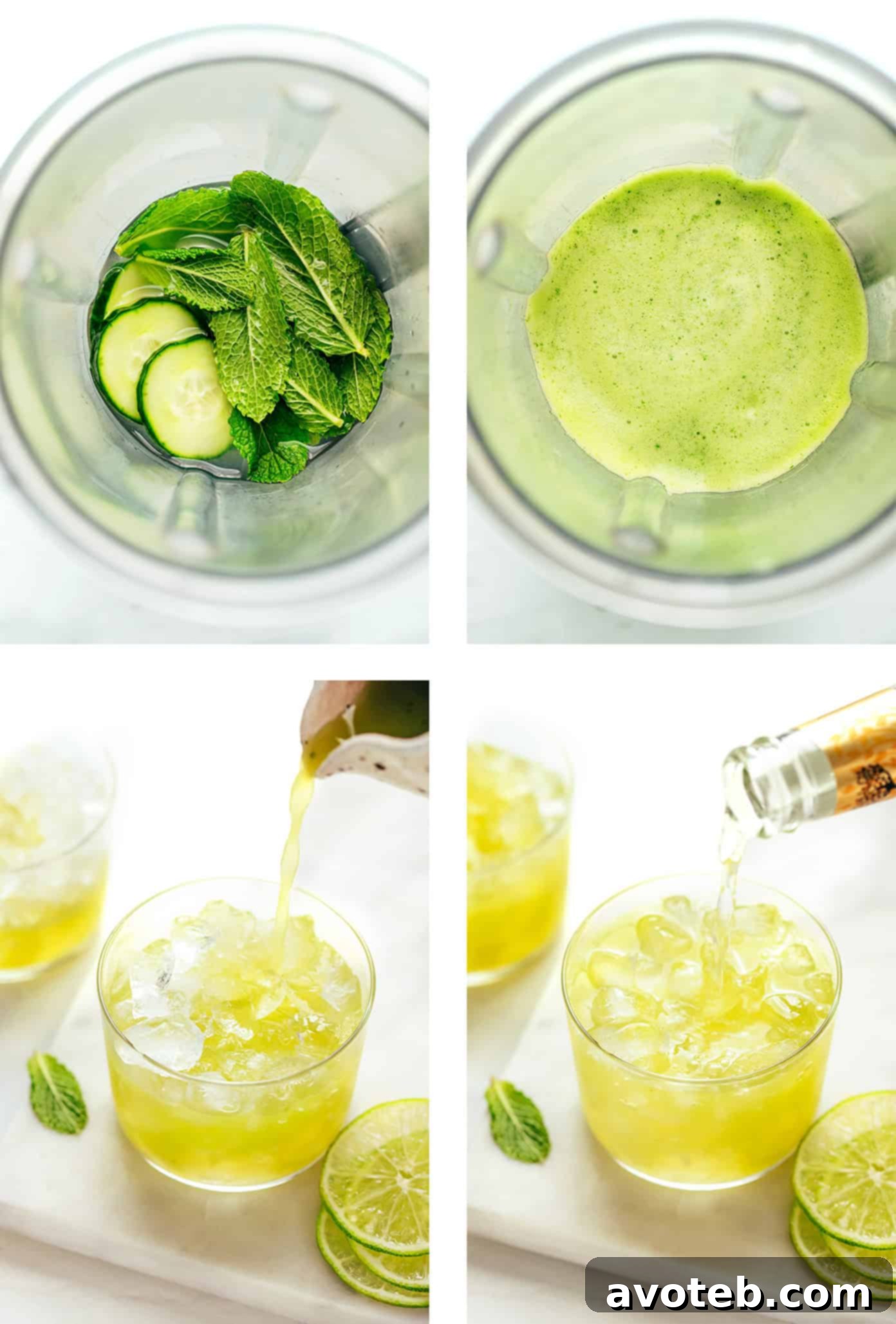 Minted Cucumber Gin Fizz 4 Four Cucumber Mint Gin Fizz cocktails lined up, garnished with cucumber, mint, and lime.