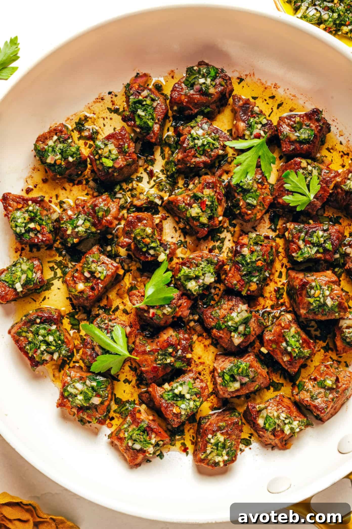 Seared steak bites with chimichurri sauce