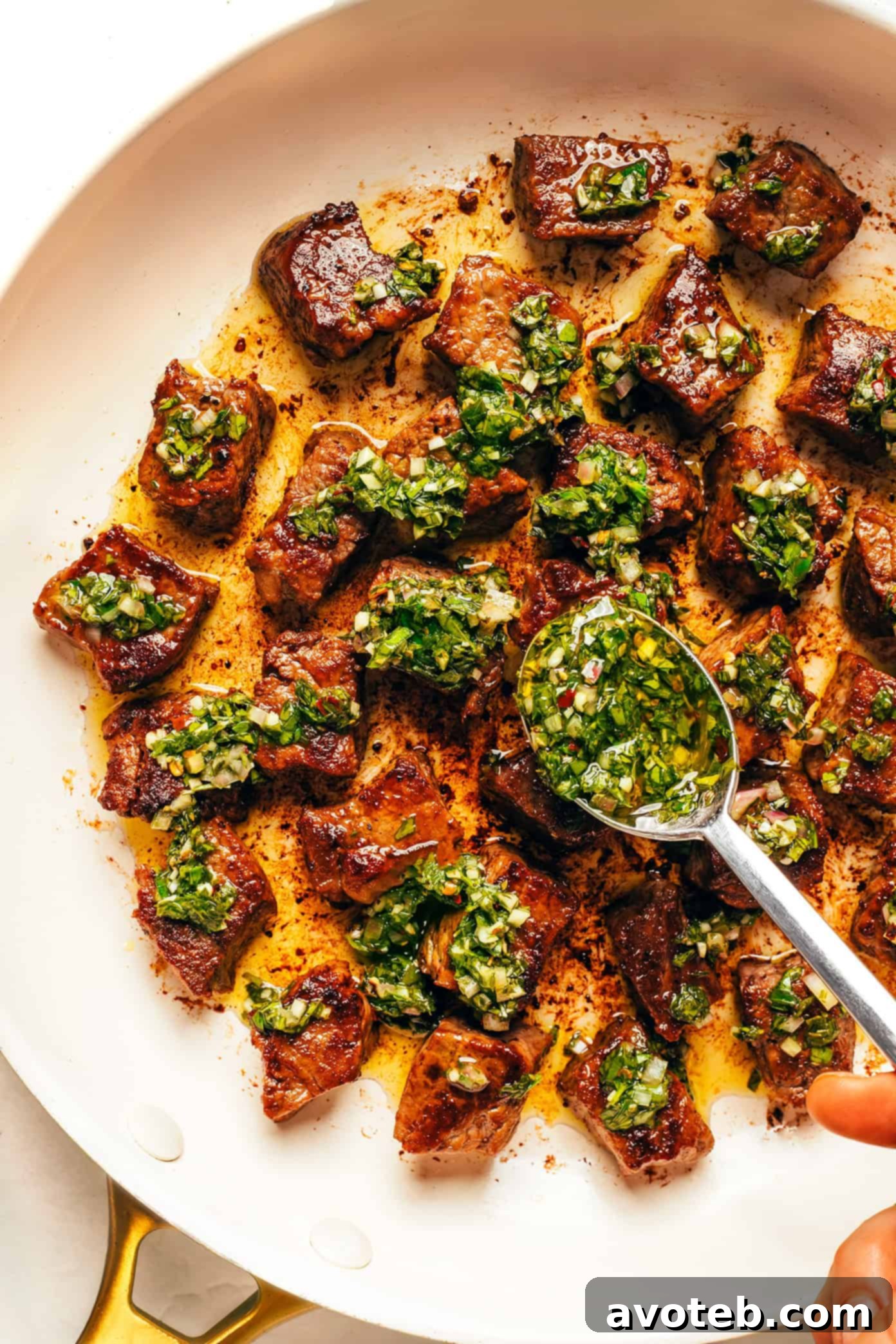 Closeup of seared steak bites