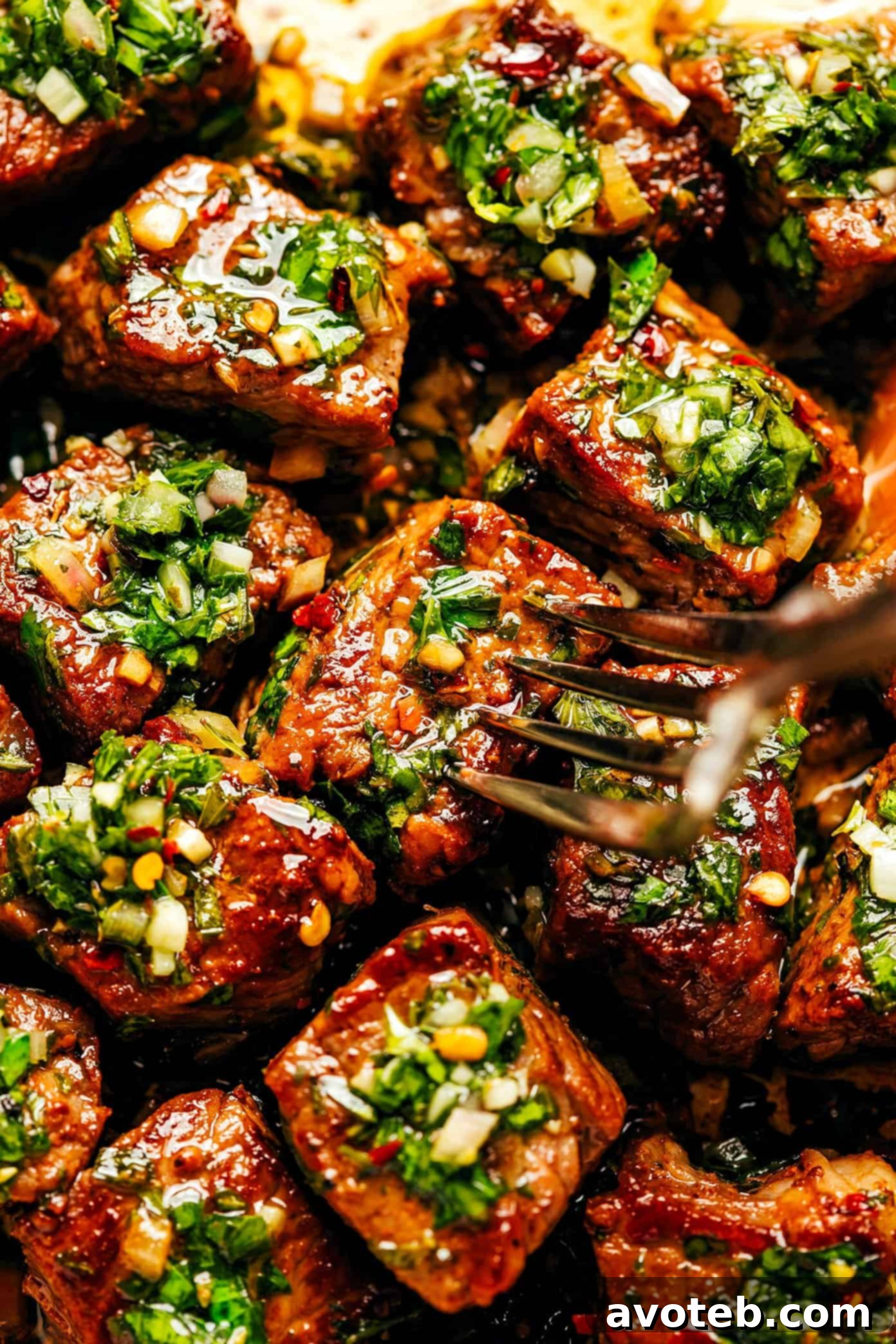 Serving chimichurri steak bites with extra sauce