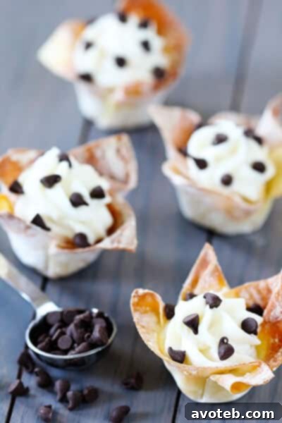 Close-up of baked wonton shells, ready to be filled with cannoli cream.