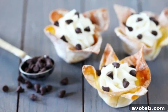 Close-up of a single Cannoli Cup showing the creamy filling and wonton shell.