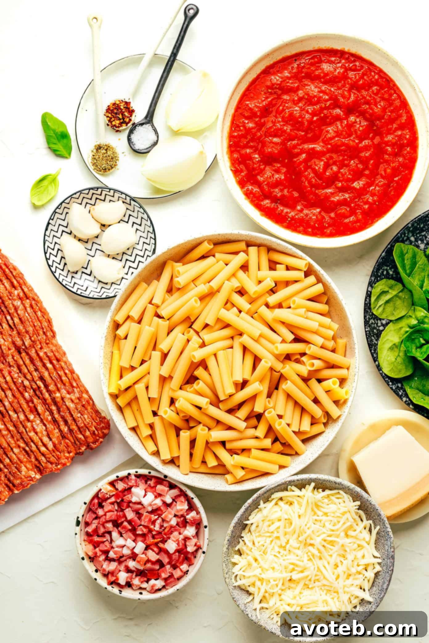 Layered Baked Ziti in a baking dish before baking