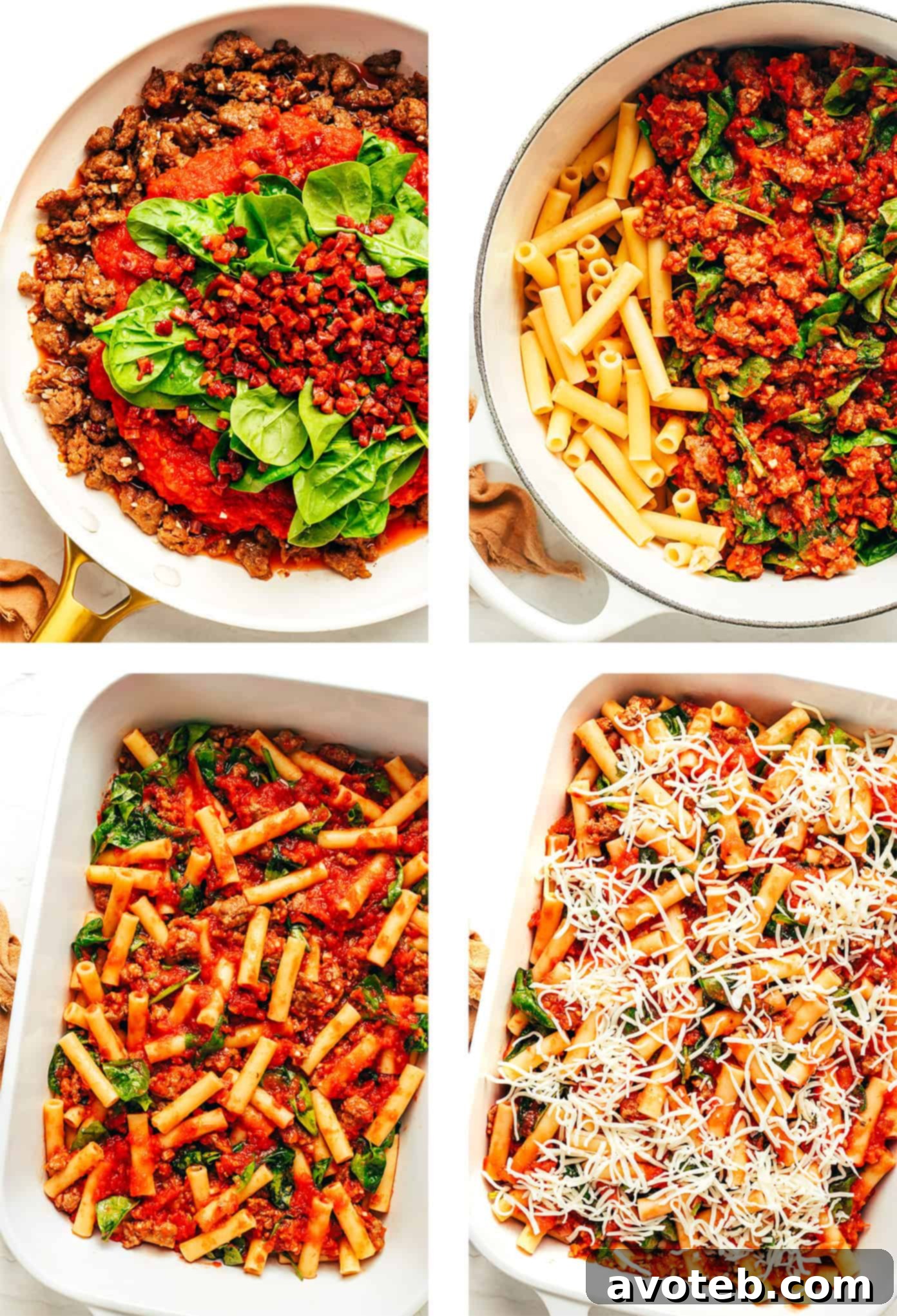 Freshly baked ziti with melted cheese and herbs