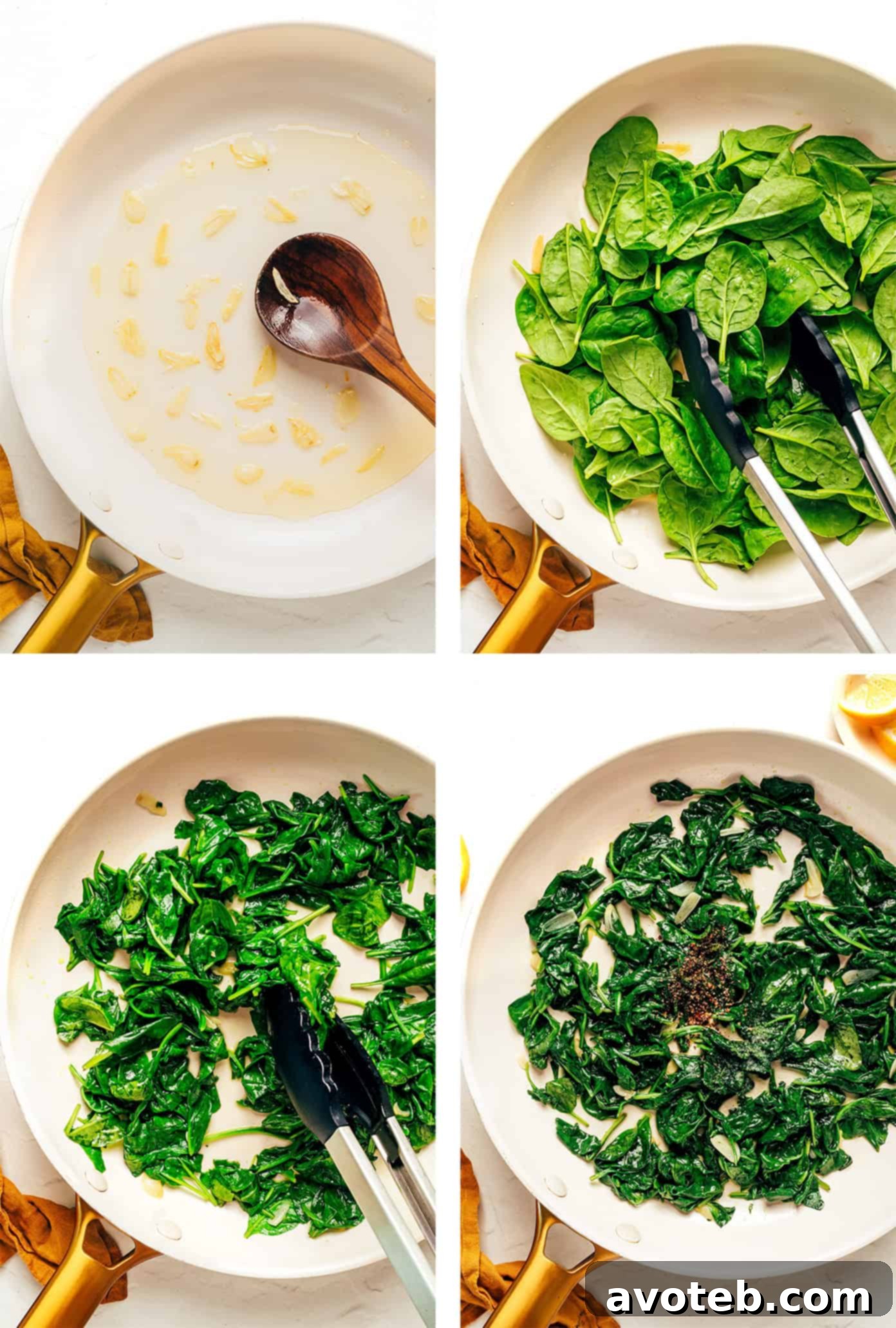 Ingredients for sautéed spinach laid out: spinach, garlic, olive oil, lemon