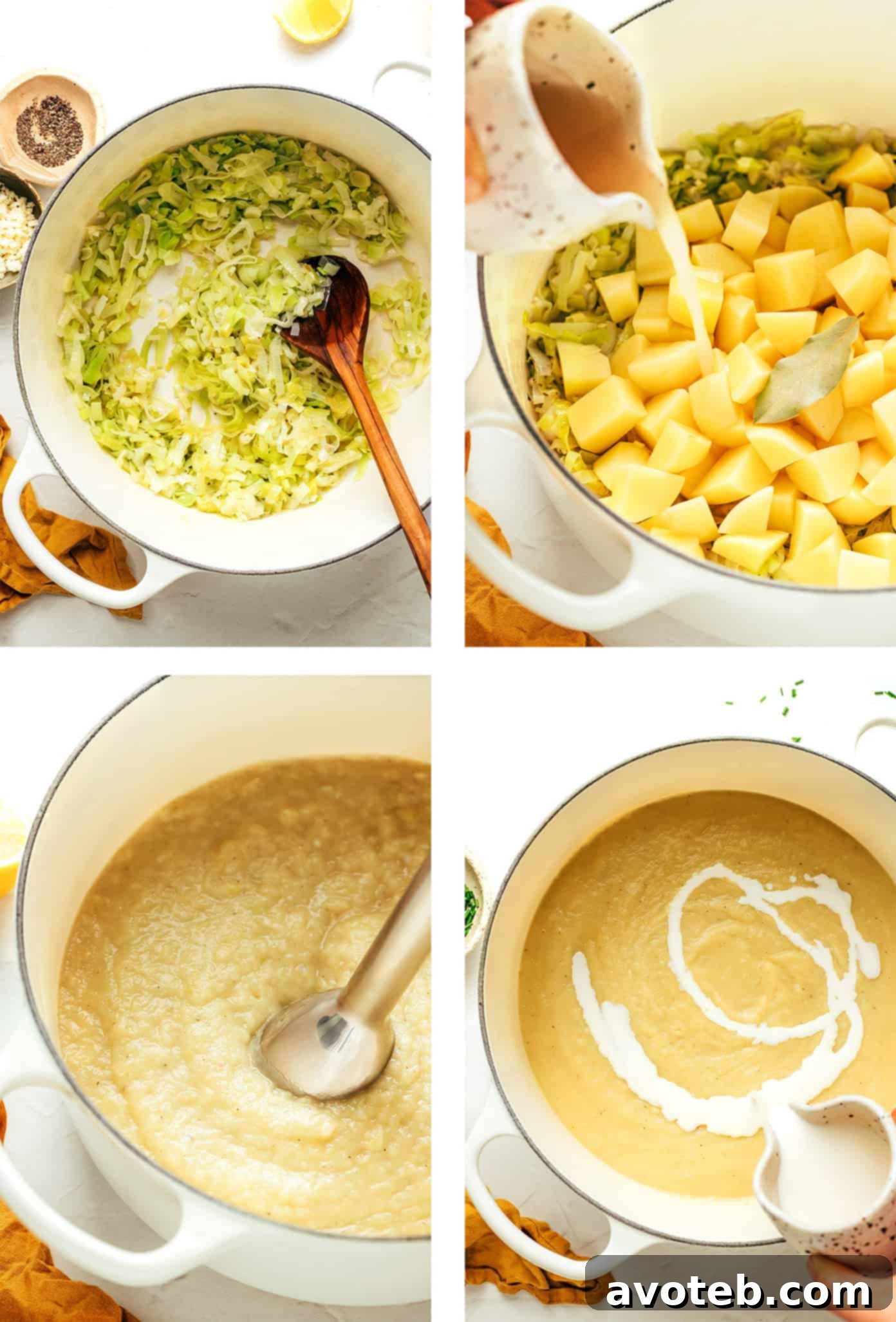 A ladle scooping creamy potato leek soup from a pot