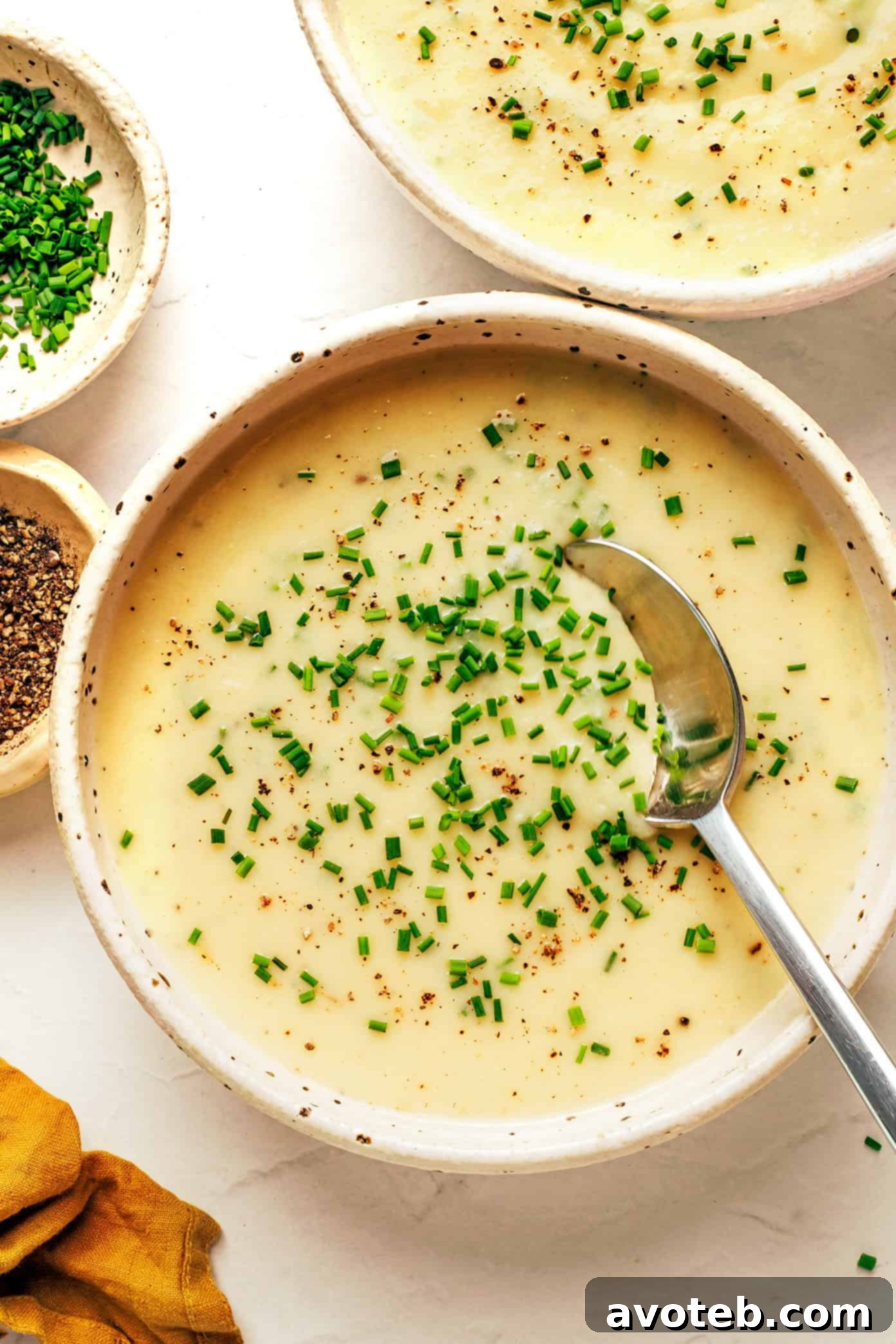 Close-up of creamy potato leek soup in a bowl