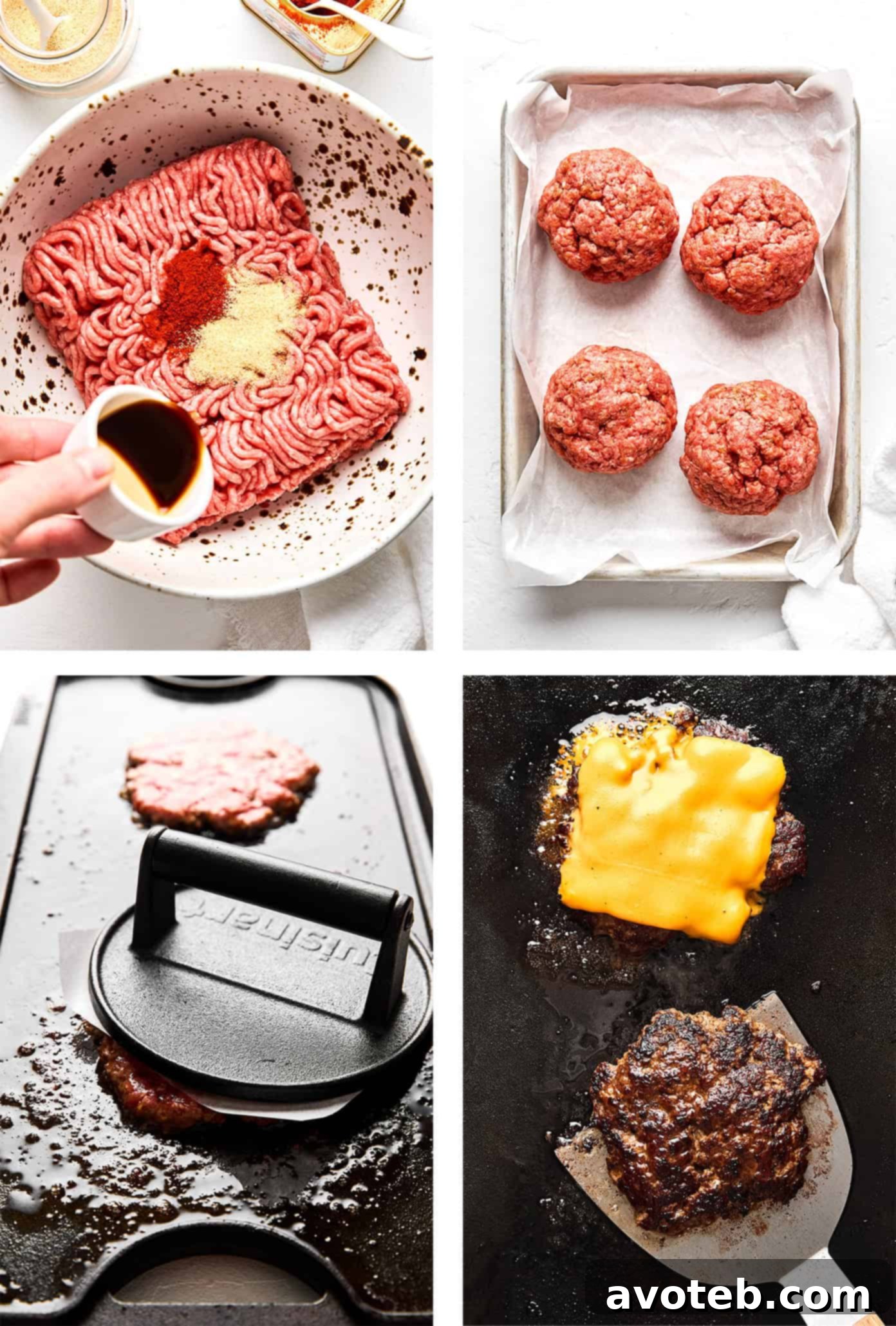 A step-by-step image showing how to make a smash burger, from raw patty to smashed and cooked.