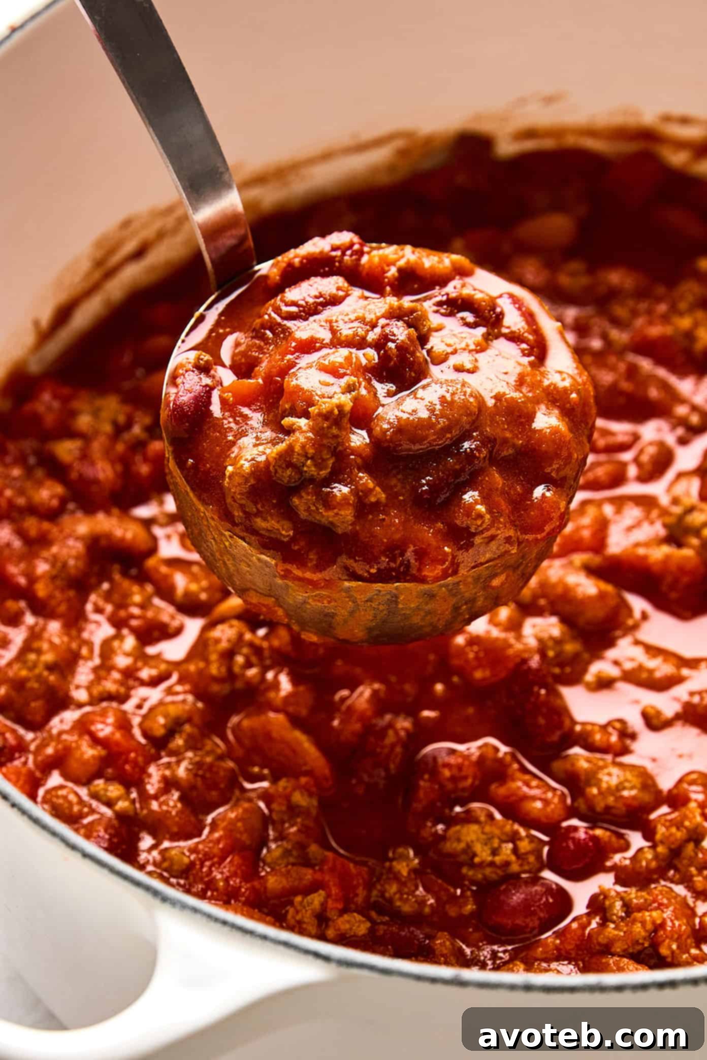 Another appealing shot of the prepared 5-ingredient chili, showing the richness and texture of the dish.