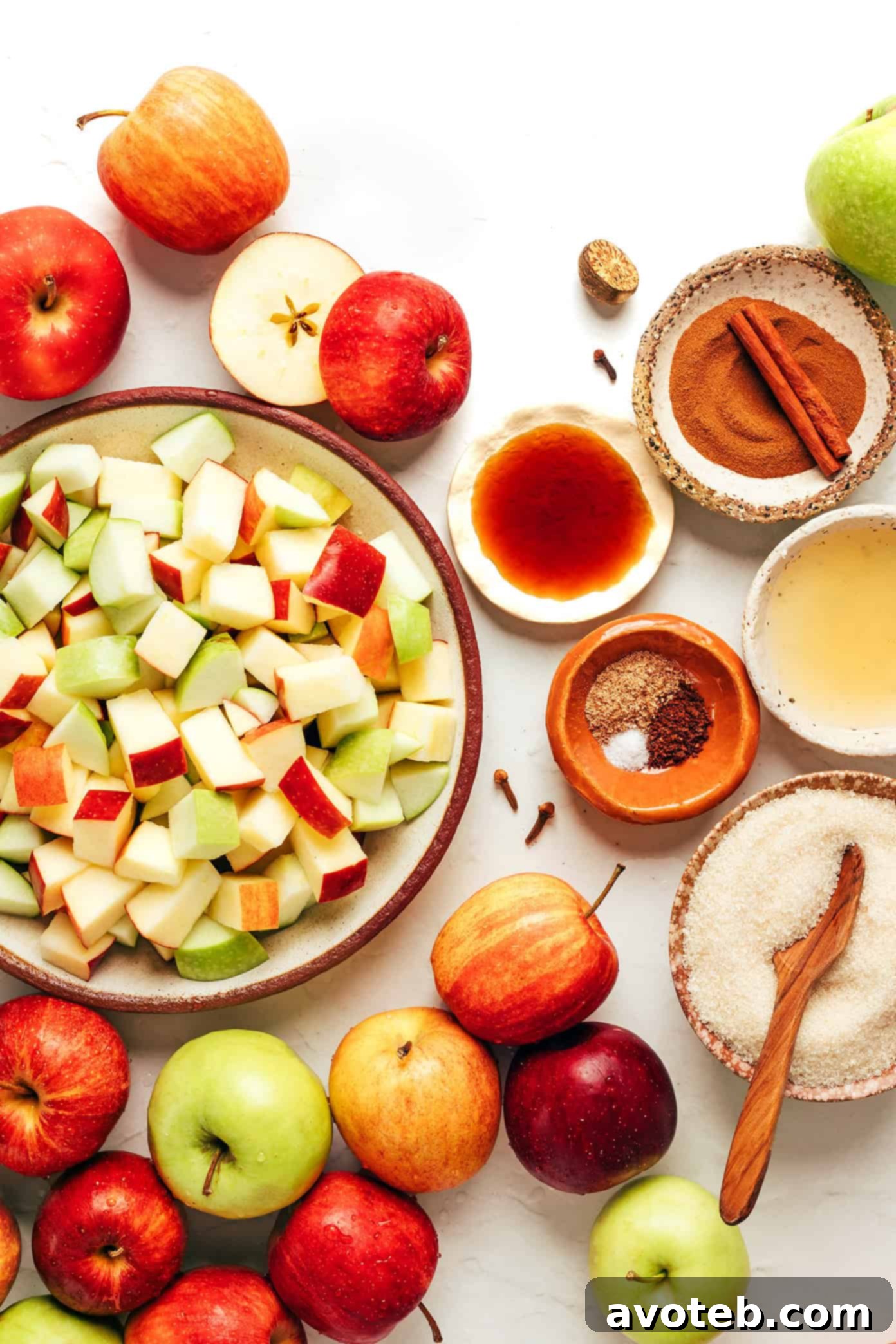 Three jars of homemade apple butter, with fresh apples and spices arranged around them.