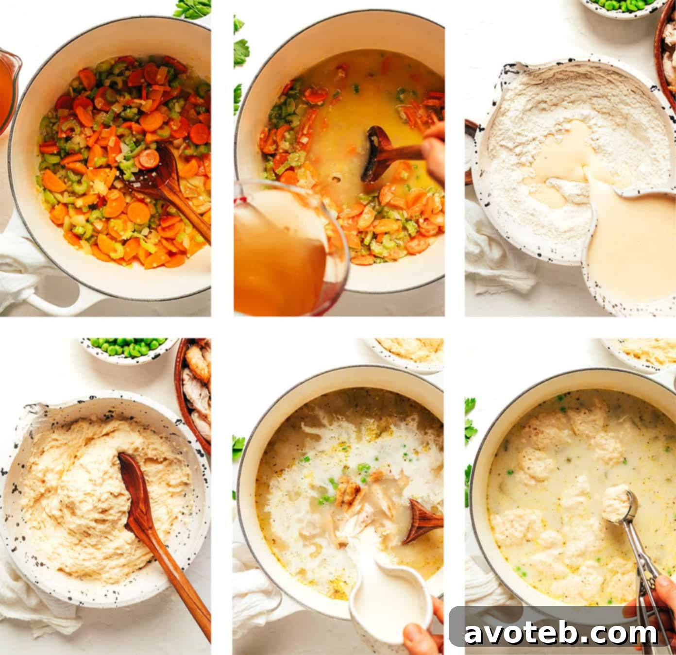 Step-by-step photographic collage showing the process of making chicken and dumplings