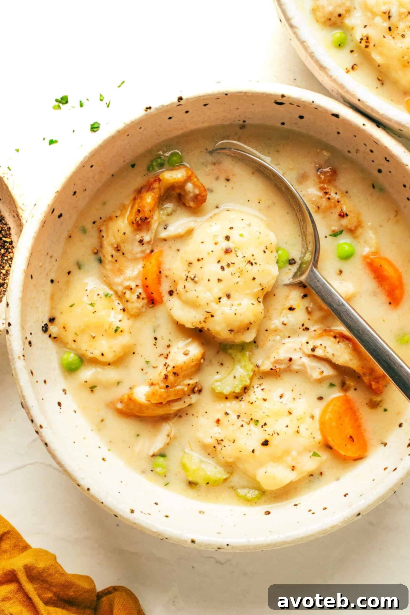A serving of homemade chicken and dumplings in a rustic bowl, garnished with fresh parsley