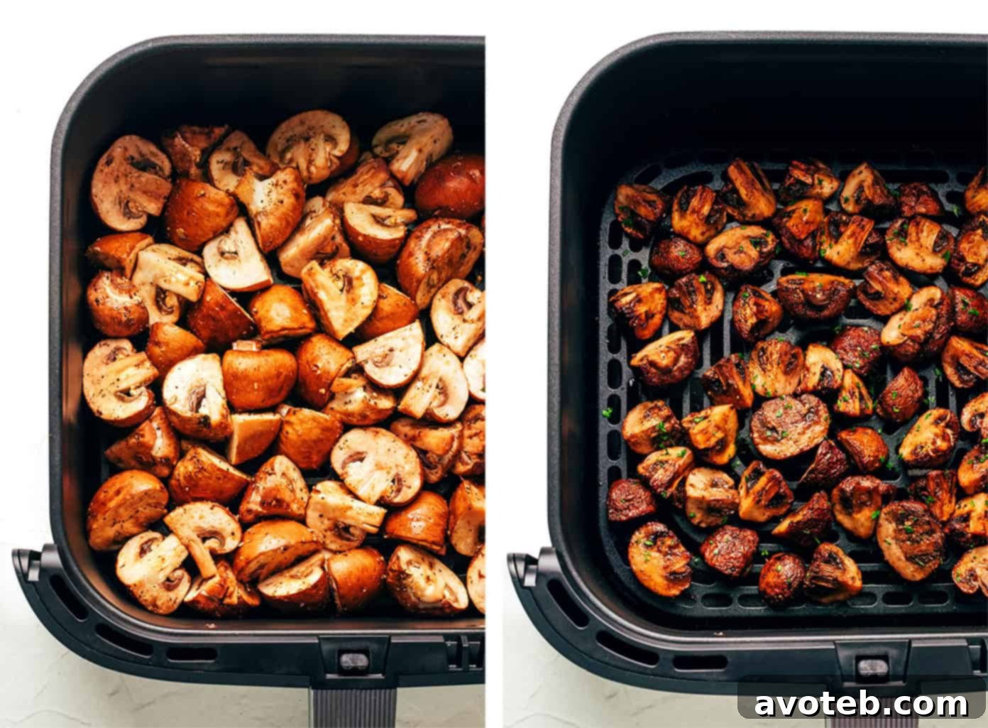 Air fryer mushrooms ready to be served, garnished with fresh herbs.