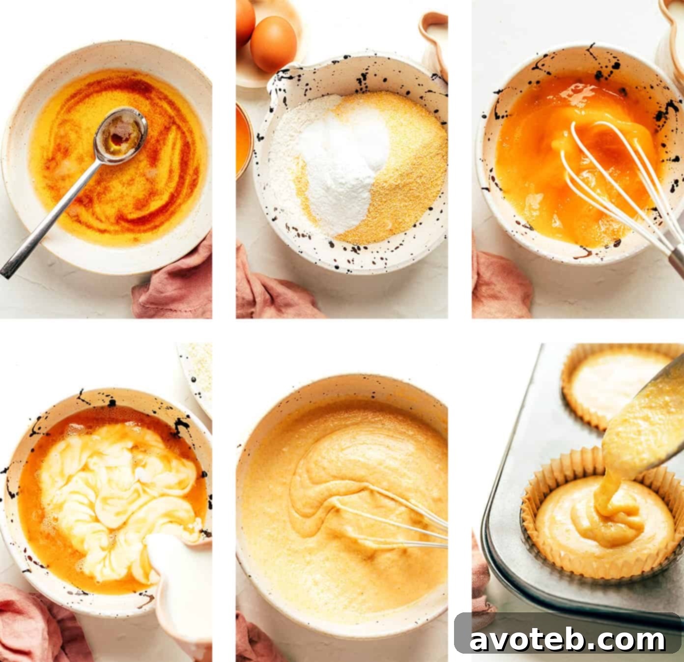 Step-by-step photos showing how to make cornbread muffins