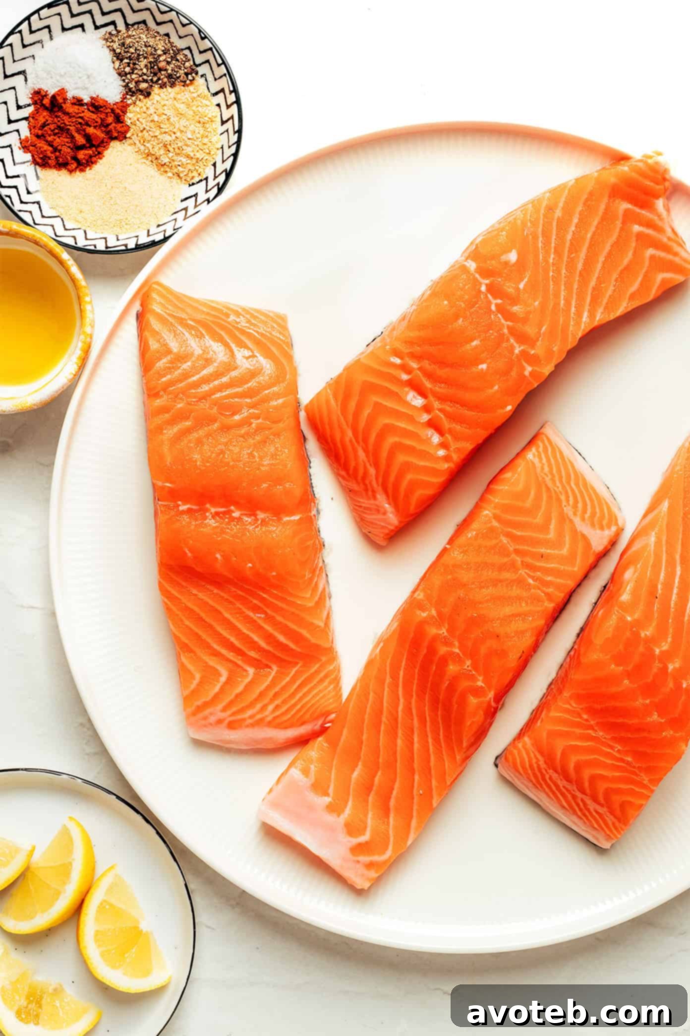 Air Fryer Salmon fillets arranged neatly on a serving platter, garnished with fresh dill and lemon slices, ready to be enjoyed.