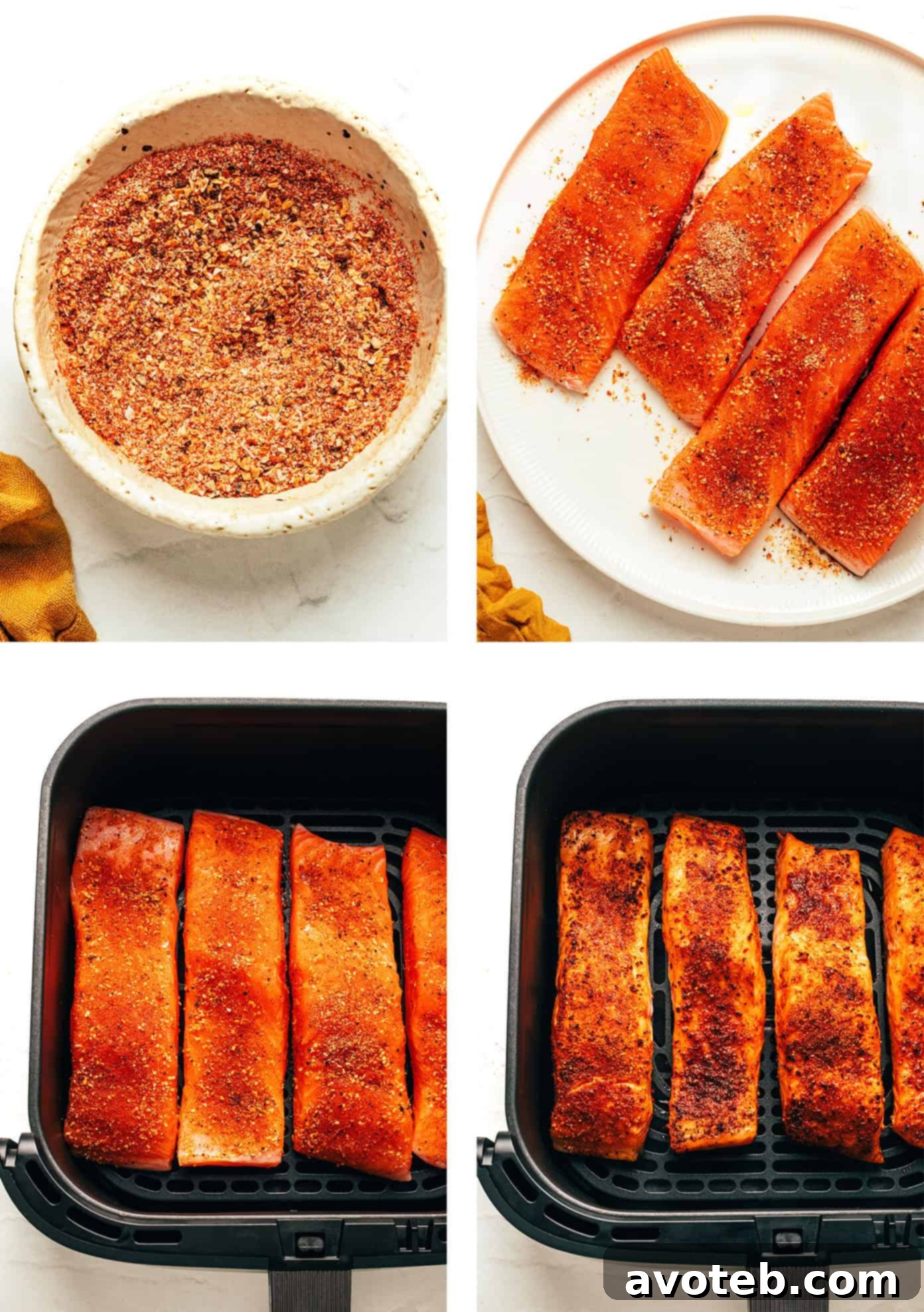 A perfectly cooked Air Fryer Salmon fillet with a golden-brown crust, garnished with fresh herbs and a lemon wedge.