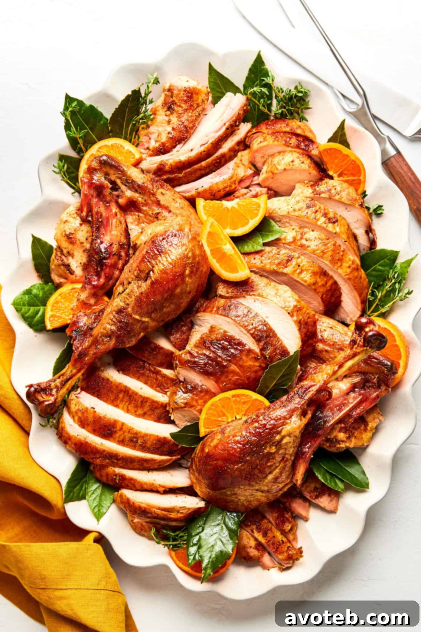 Expertly carved turkey slices arranged beautifully on a platter, ready to serve for a holiday feast.