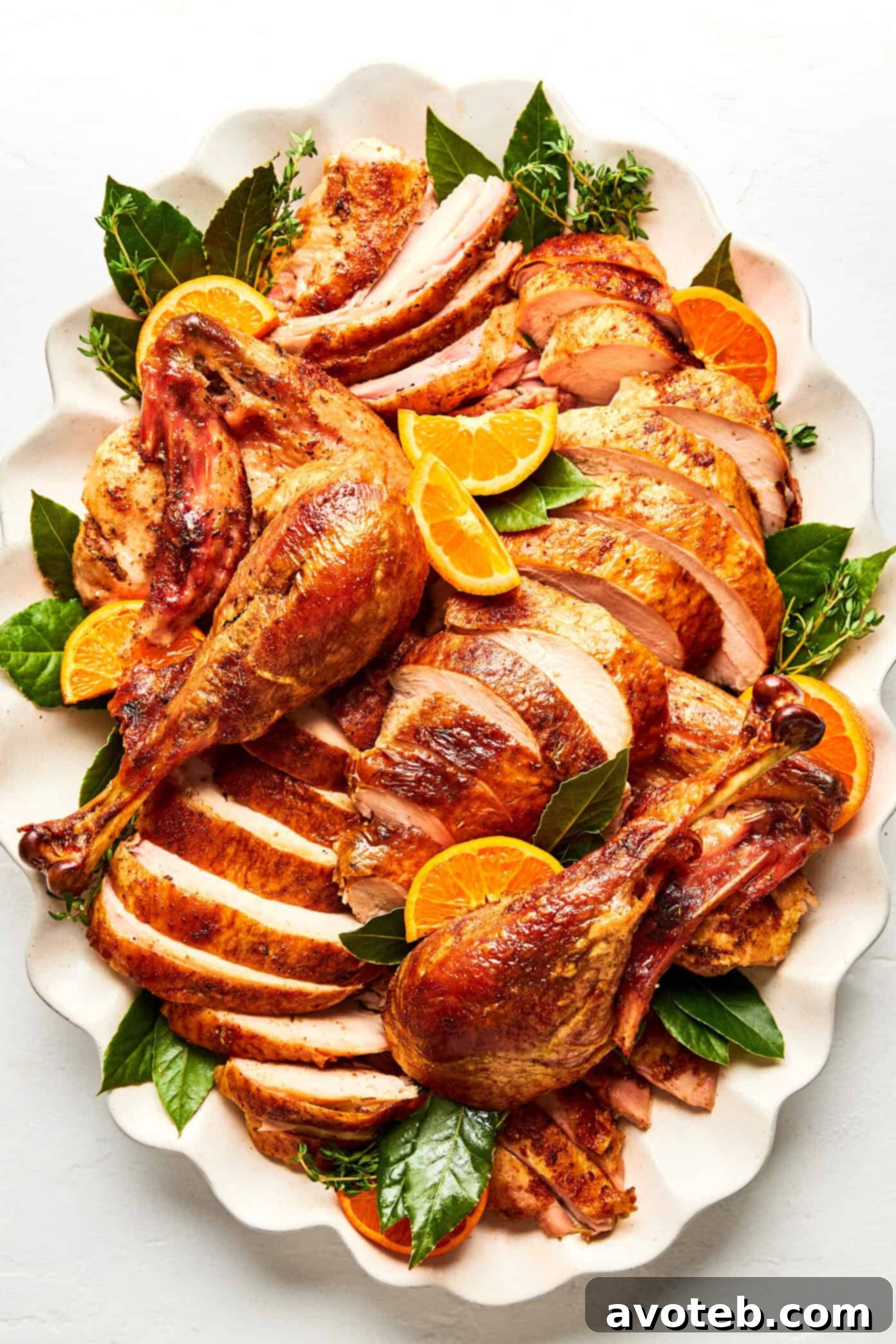 A festive platter of carved roast turkey, garnished with fresh oranges and herbs, ready for serving.