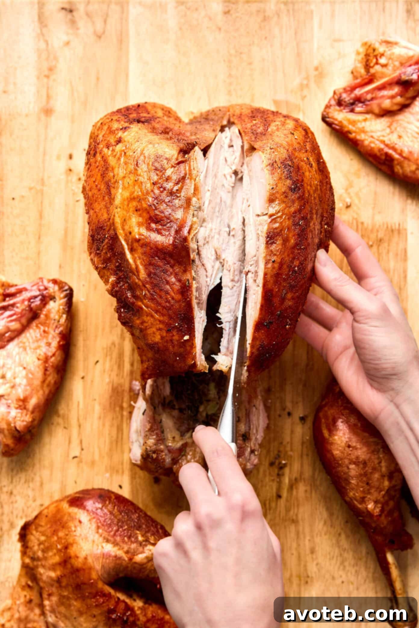 Step 4: Slicing turkey breast meat against the grain for tender pieces