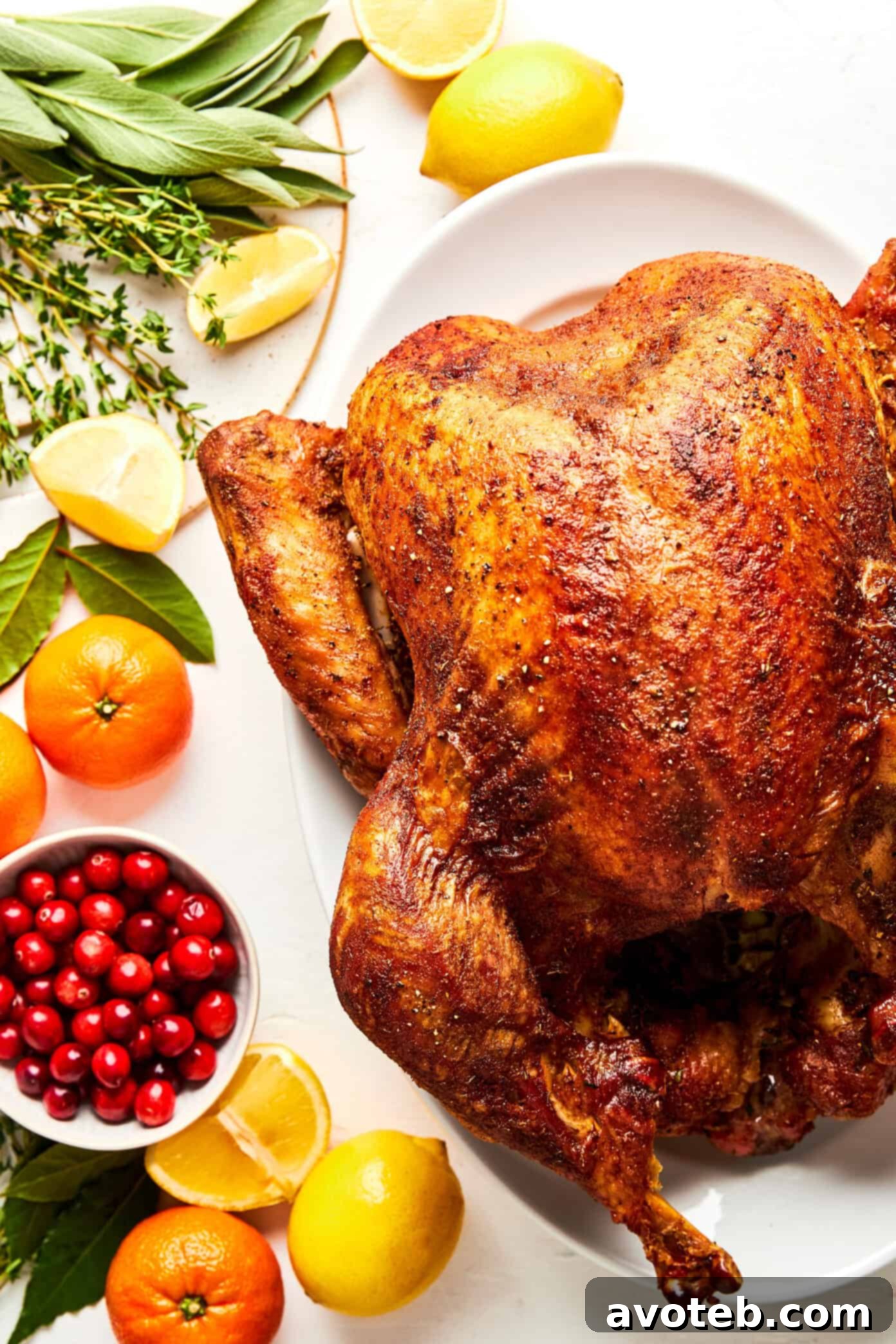 Close-up of perfectly carved roast turkey on a platter with herbs and pan juices.