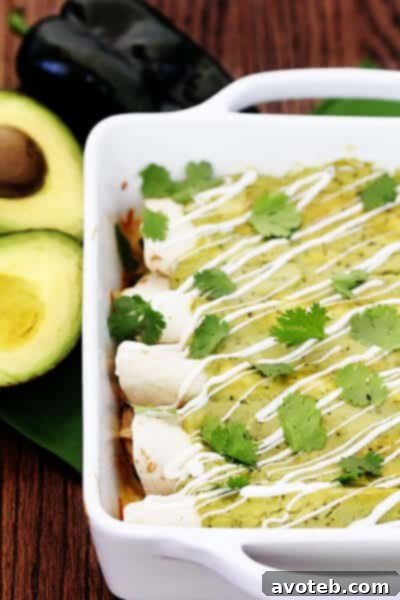 Chicken & Avocado Enchiladas | gimmesomeoven.com Plate of Chicken & Avocado Enchiladas with creamy sauce