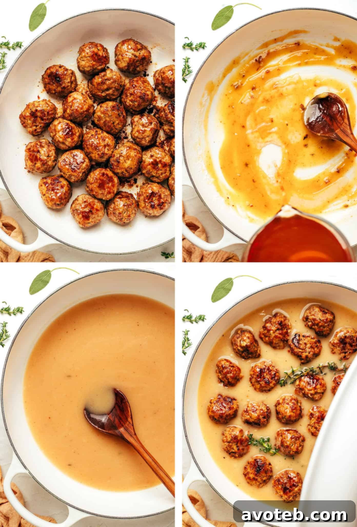 Hearty Turkey Meatballs Smothered in Gravy 4 A deep skillet filled with browned turkey meatballs simmering in a luscious homemade herb gravy.