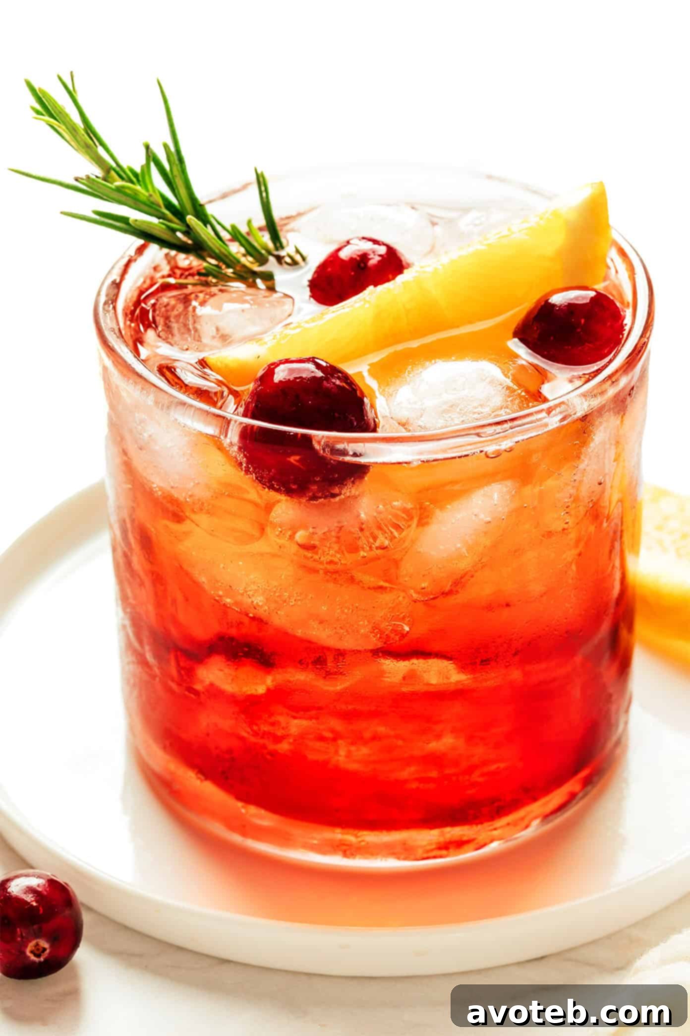 A close-up of a Cranberry Aperol Spritz, showing the ice, cranberries, and orange garnish in sharp detail.