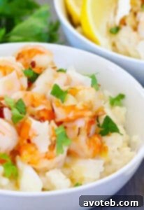 Shrimp Scampi with Parmesan Risotto, ready to serve in a bowl