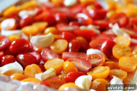 Close-up of Slow-Roasted Tomatoes and Garlic, ready to be tossed with pasta
