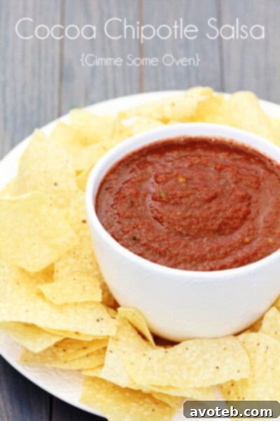 A bowl of Cocoa Chipotle Salsa, ready to be served.