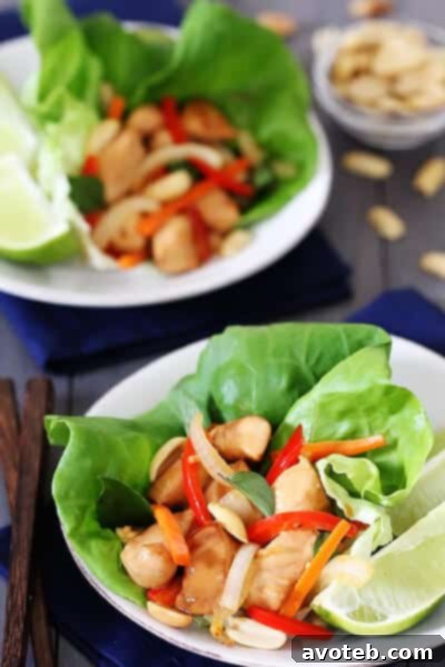 Close-up of a Thai Basil Chicken Lettuce Wrap, garnished with peanuts and lime, showcasing its fresh ingredients.