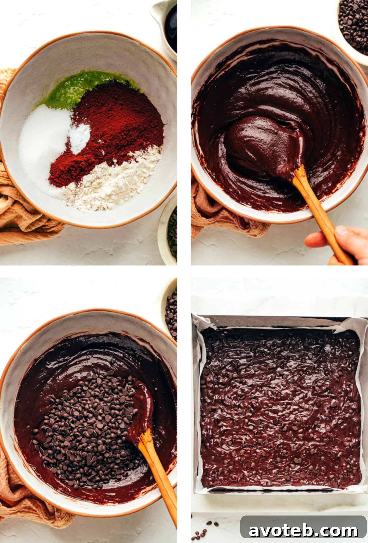Various ingredients for vegan brownies, including avocado, chocolate chips, and flour.