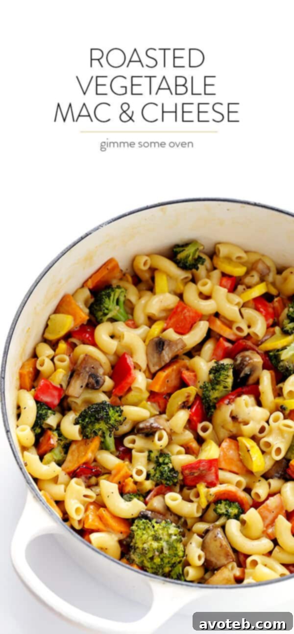 Large serving of Roasted Vegetable Mac and Cheese in a bowl.