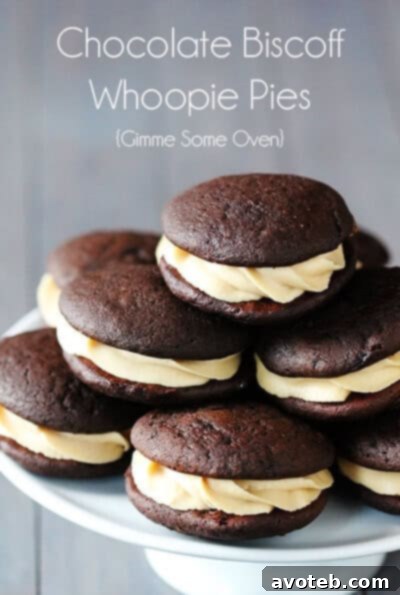 Another enticing close-up image of a stack of Chocolate Biscoff Whoopie Pies.