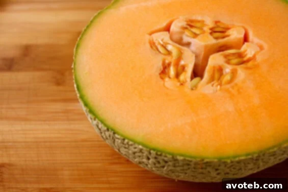 Close-up of fresh cantaloupe chunks, ready for blending into a vibrant soup