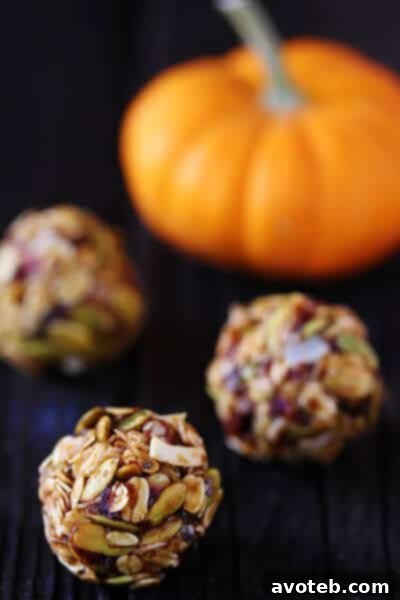 Close-up of a stack of Pumpkin No-Bake Energy Bites, showcasing texture and ingredients
