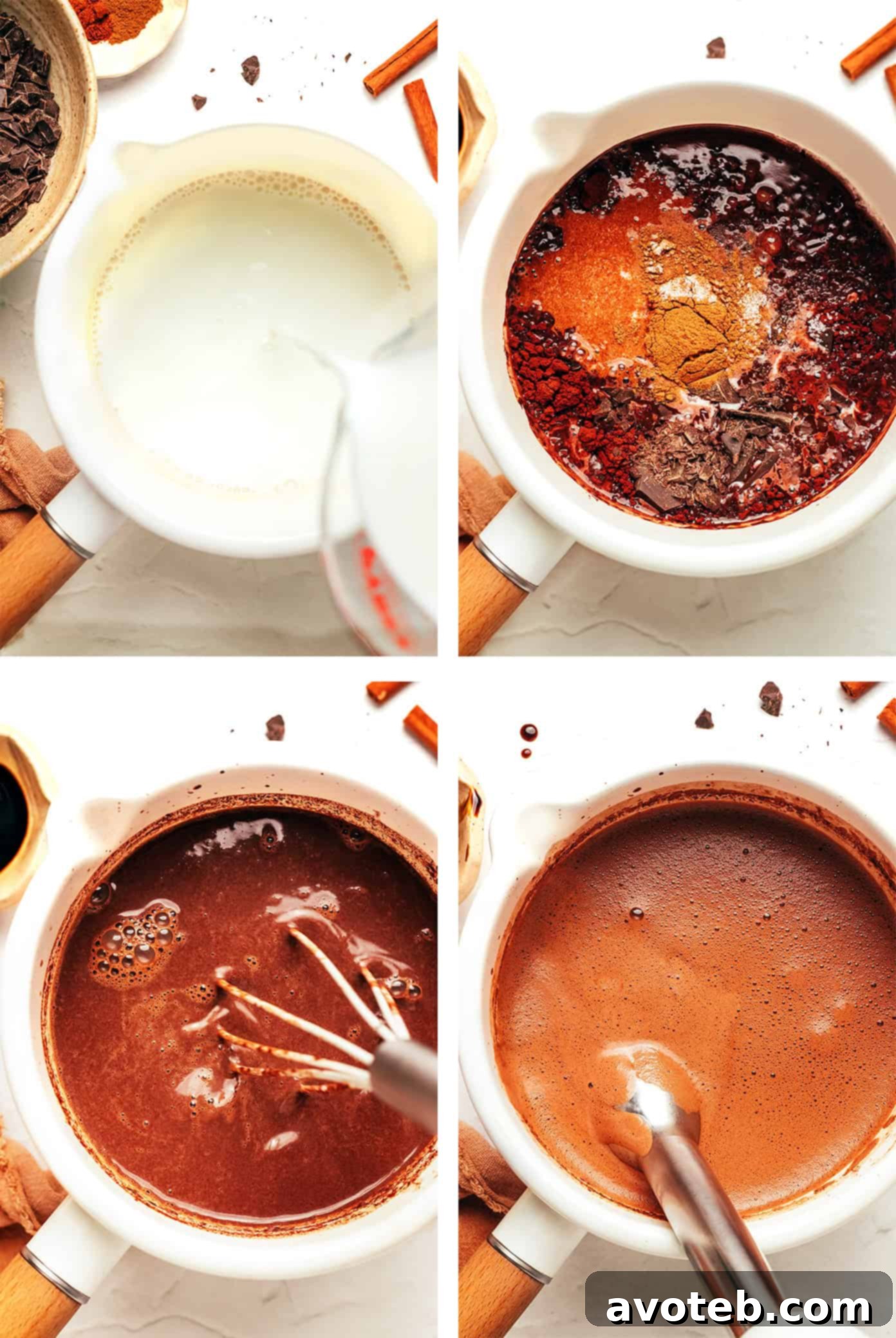 Different variations of Mexican Hot Chocolate with toppings.