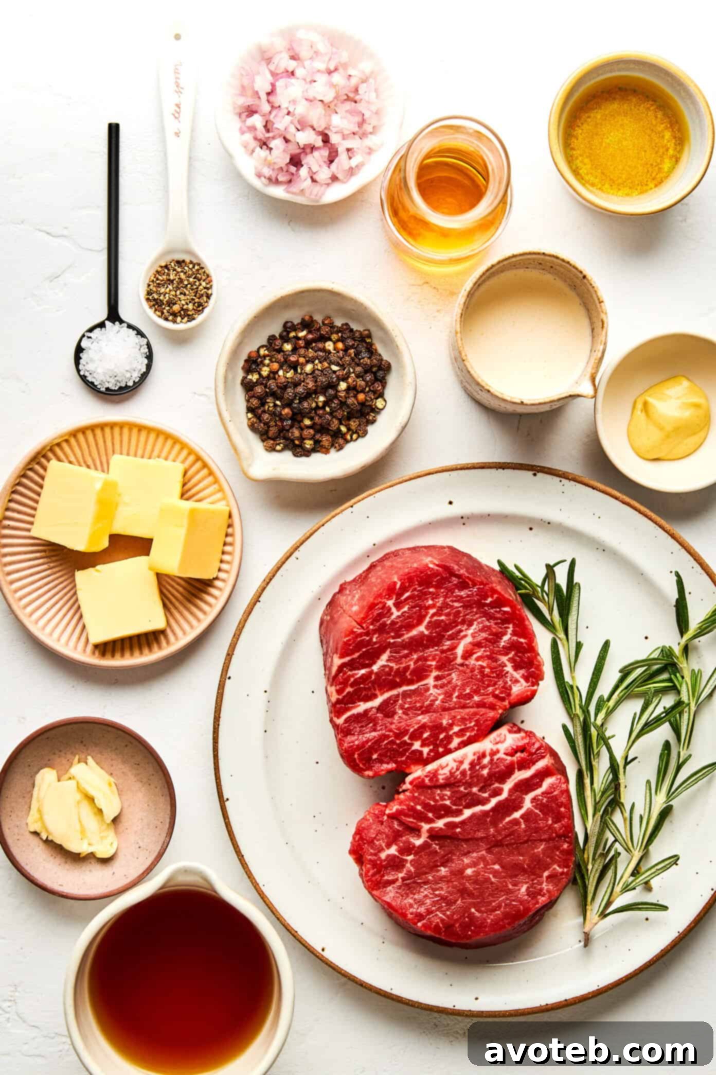 Ingredients for filet mignon with peppercorn sauce