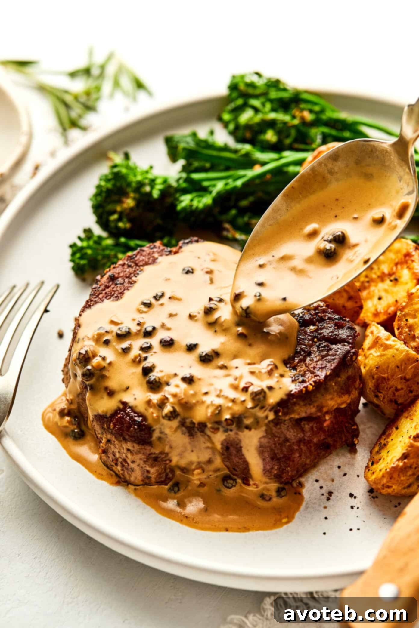 Steak with peppercorn sauce on a plate