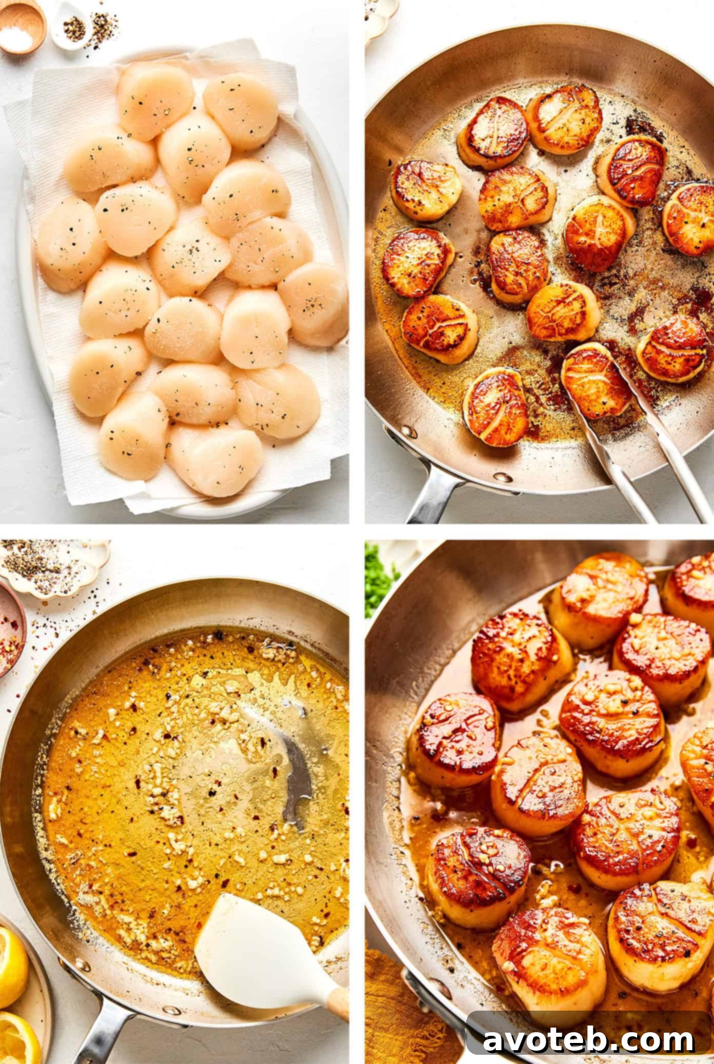 Lemon-Kissed Scallops with Garlic Butter Glaze 5 Step-by-step instructions for making seared scallops with lemon garlic butter.