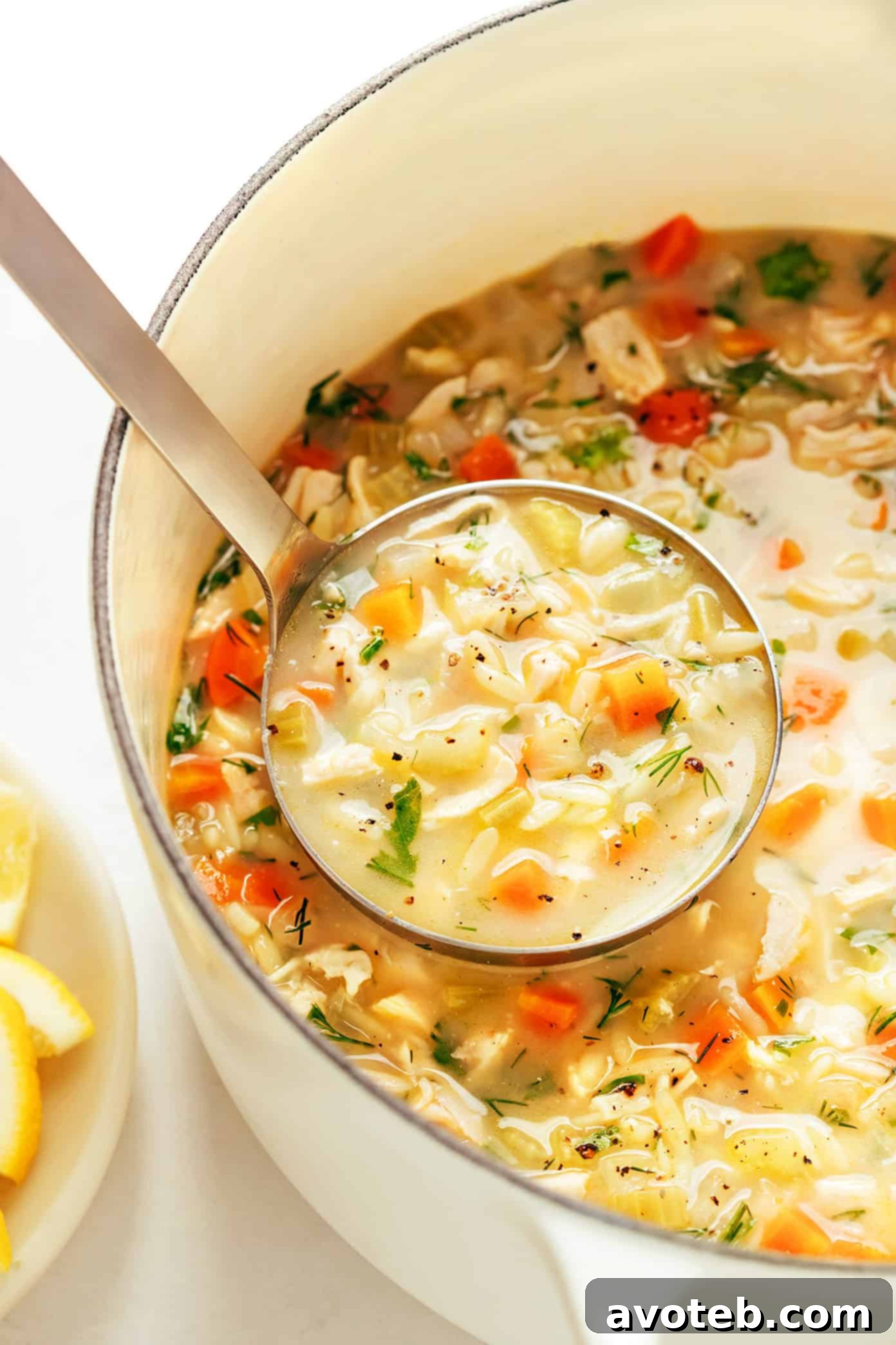 Lemony Orzo Chicken Soup in a bowl