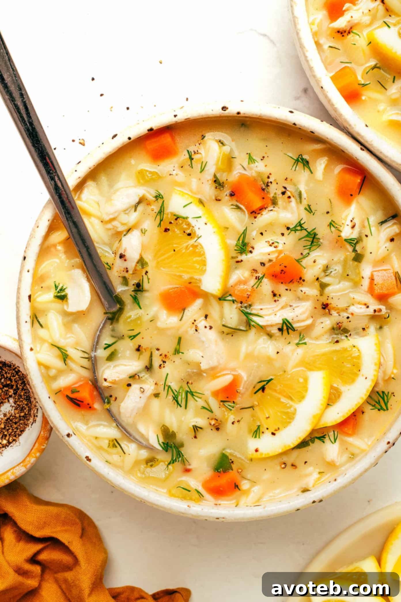 Overhead shot of Lemony Orzo Chicken Soup